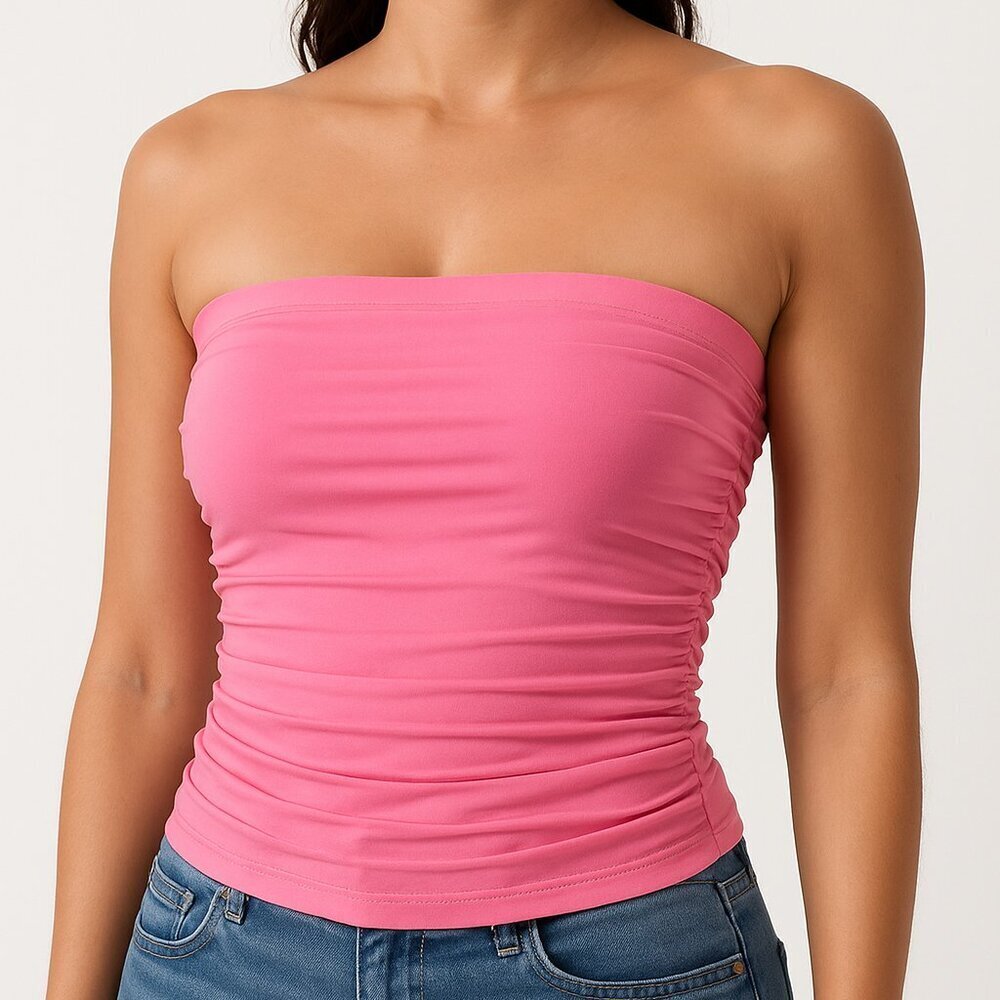 Shein MOD Pink Ruched Tube Top Strapless Mesh Layer NWT Size 6